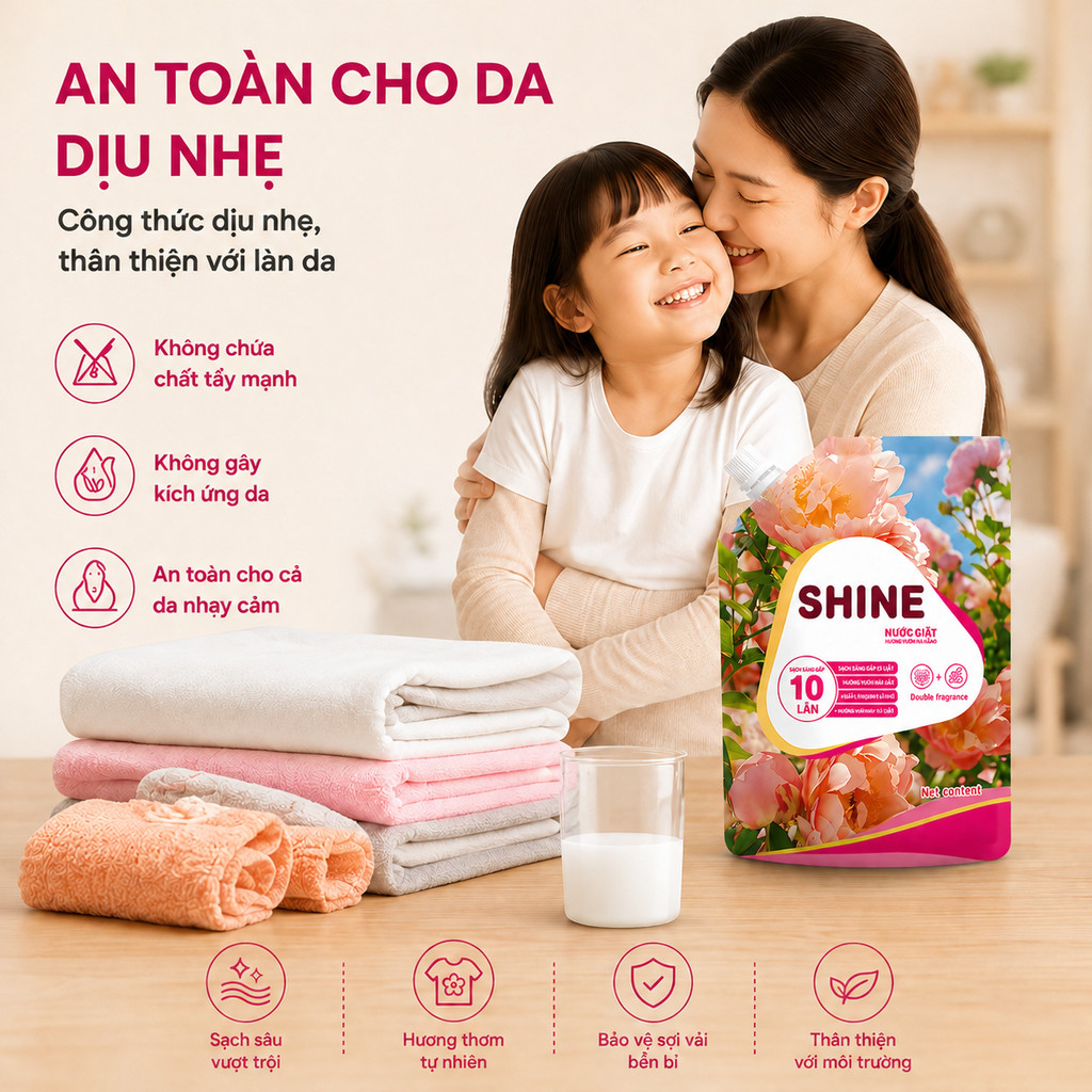 Combo 2 Túi Nước Giặt Xả Đậm Đặc Shine Hương Hoa- Sạch Sâu, Thơm Ngát, Lưu Hương Dài Lâu 96H