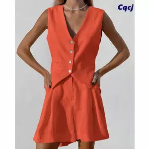 Bộ đồ nữ CQCJ, Bộ áo Vest Blazer Blazer Blazer thanh lịch cắt tối giản, phong cách mùa hiện tại thân thiện với văn phòng Vải lanh Cotton văn phòng Hai mảnh Chuyến đi cuối tuần thông thường
