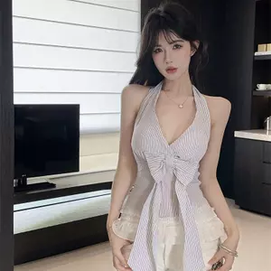 Nơ kiểu Pháp Áo yếm sọc phong cách mới Dây mùa hè eo hẹp cổ áo ren cô gái nóng bỏng cổ áo dây