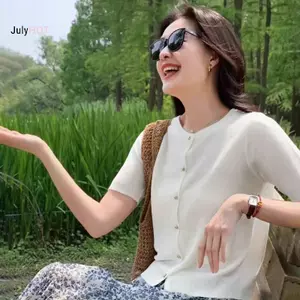 JULYHOT Thời Trang Tròn Ne Nút Dệt Kim Tay Ngắn Cardigan Áo Thun Nữ Massivedeals