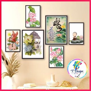 Sét 6 tranh decor góc thiền, tu tập, chữa lành, hoa sen phật, tranh dán tường, có sẵn keo