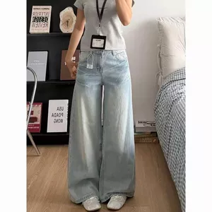 Quần jean ống rộng lưng cao kiểu Mỹ Retro Giặt Quần Denim dáng rộng Chiều dài sàn