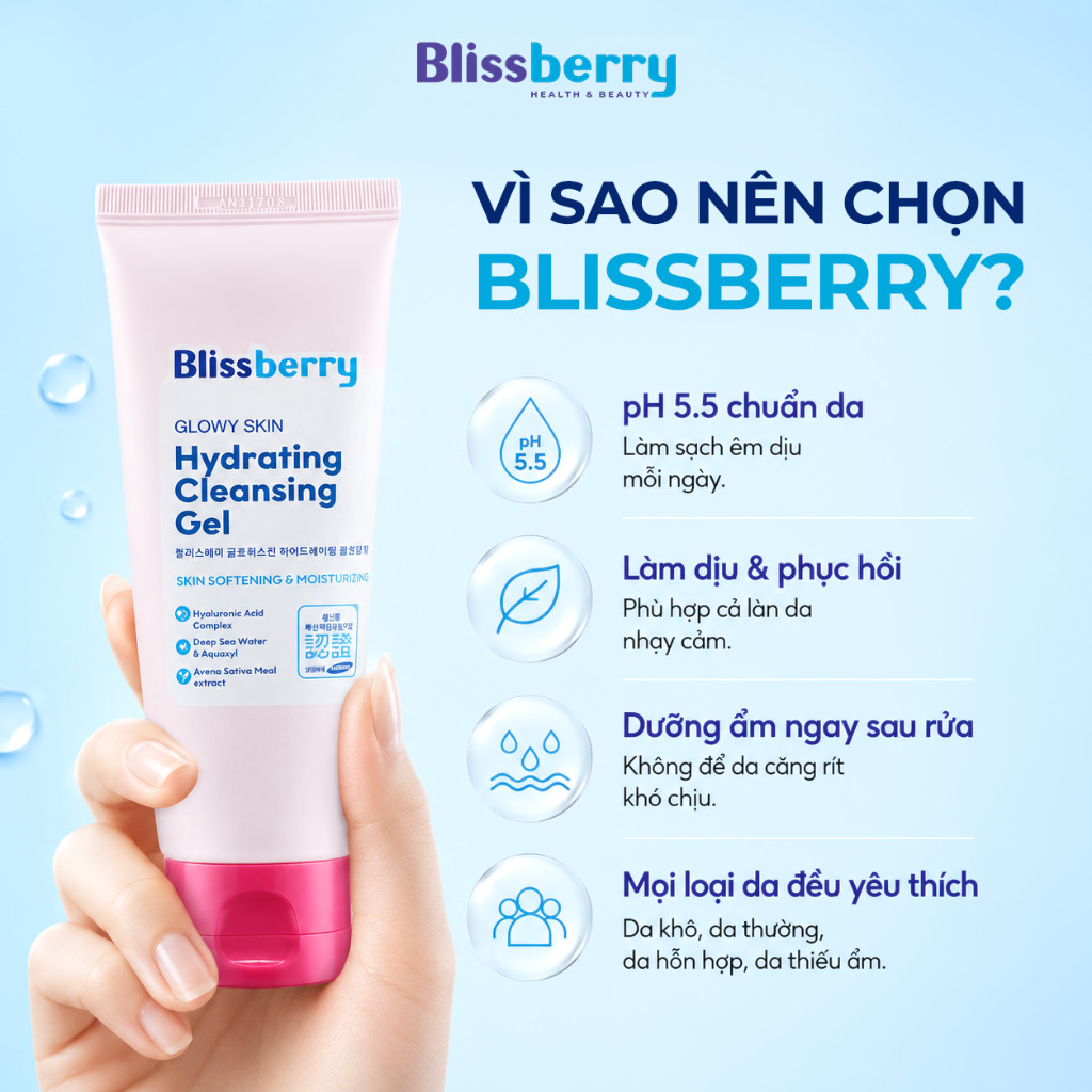[CHO DA KHÔ] Sữa Rửa Mặt Dưỡng Ẩm, Làm Sáng Da Blissberry Glowy Skin Hydrating Cleansing Gel 100ml