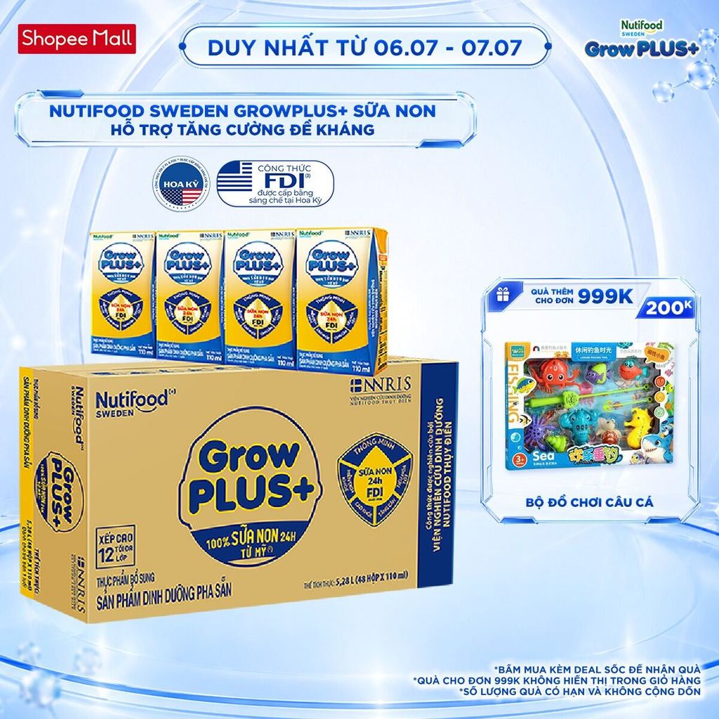 Thùng Sữa Bột Pha Sẵn GrowPLUS+ Sữa Non Tăng Đề Kháng 110ml - Trên 1 Tuổi - Tăng Cường Hệ Miễn Dịch, Tiêu Hóa Tốt (48 Hộ