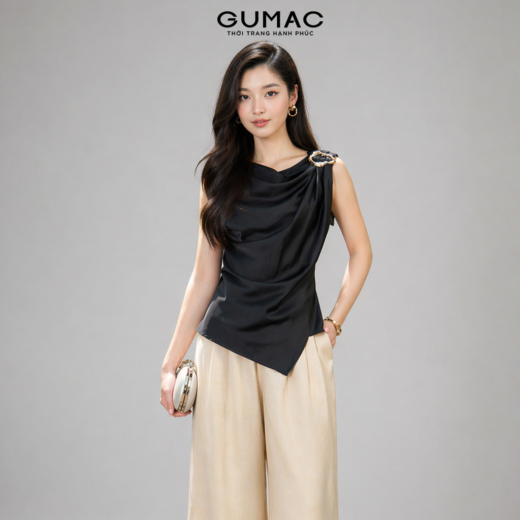 Áo Cổ Đổ Nữ GUMAC Chất Lụa Mềm Mát Đính Phụ Kiện Cách Điệu AF05016
