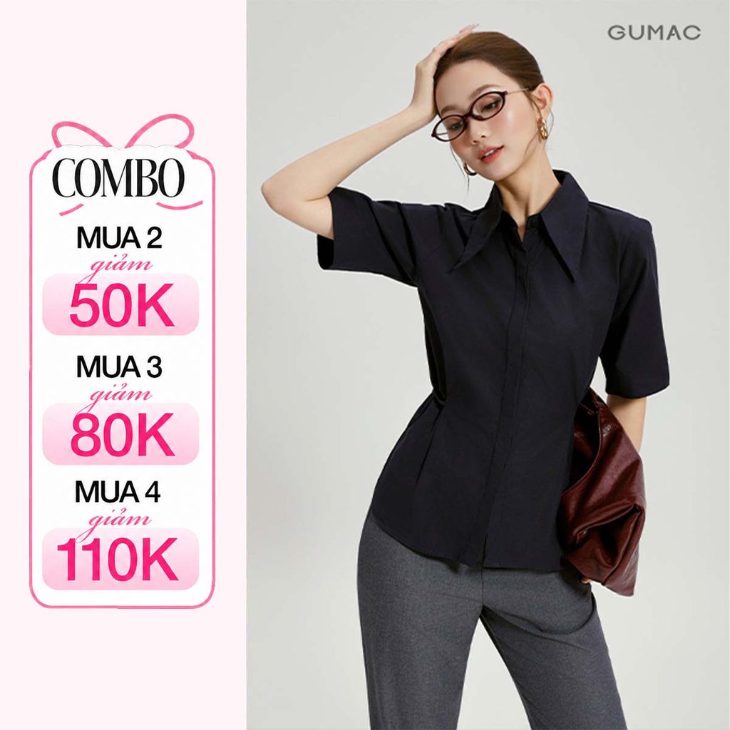 Áo Sơ Mi Nữ Tay Lửng GUMAC Form Suông Cổ Nhọn Kèm Dây Buộc Eo Điểm Nhấn Trẻ Trung AG04001