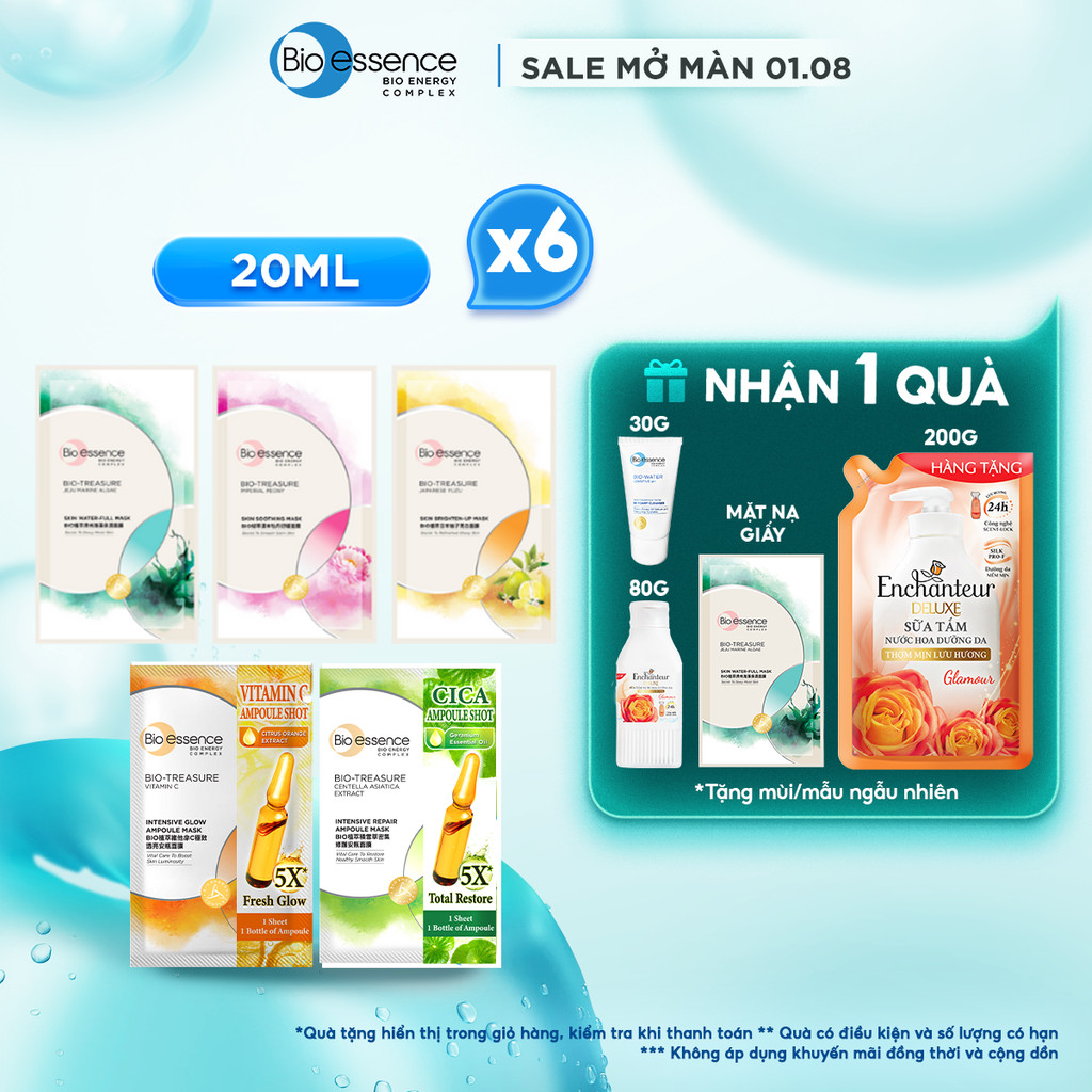 Combo 6 Mặt nạ dưỡng da ẩm mượt Bio-Essence Skin Mask 20ml / 25ml