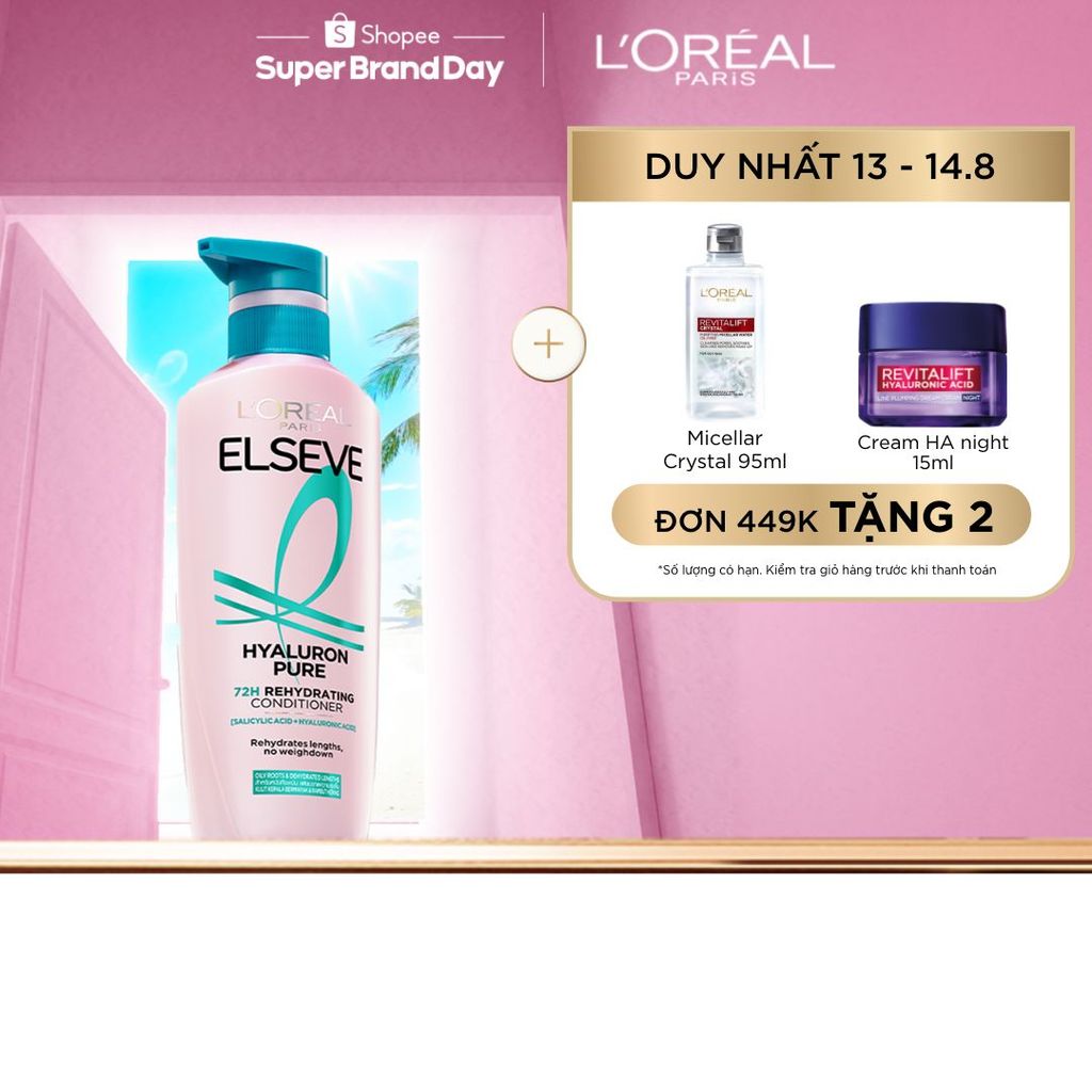 Dầu xả nhẹ bồng mái tóc 72H Elseve HA Pure cho da đầu dầu hoặc Moist cho da đầu khô 375ML