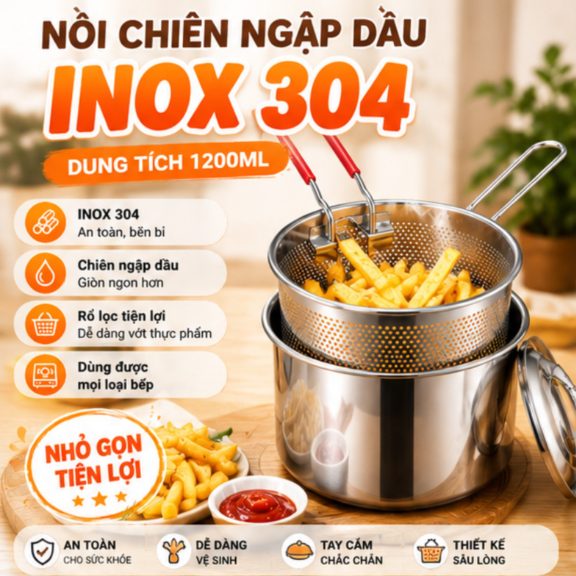 Nồi Chiên Ngập Dầu 1200ml Inox 304 Có Rổ Vớt, Nồi Chiên Sâu Dùng Cho Gia Đình