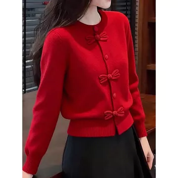 áo len nữ áo len nữ hàn quốc Nơ Đỏ Cổ Tròn Áo Len Áo Khoác Nữ Thu Đông Phong Cách Mới Sang Trọng Benming Năm Áo Cardigan Thời Trang Hàng Đầu