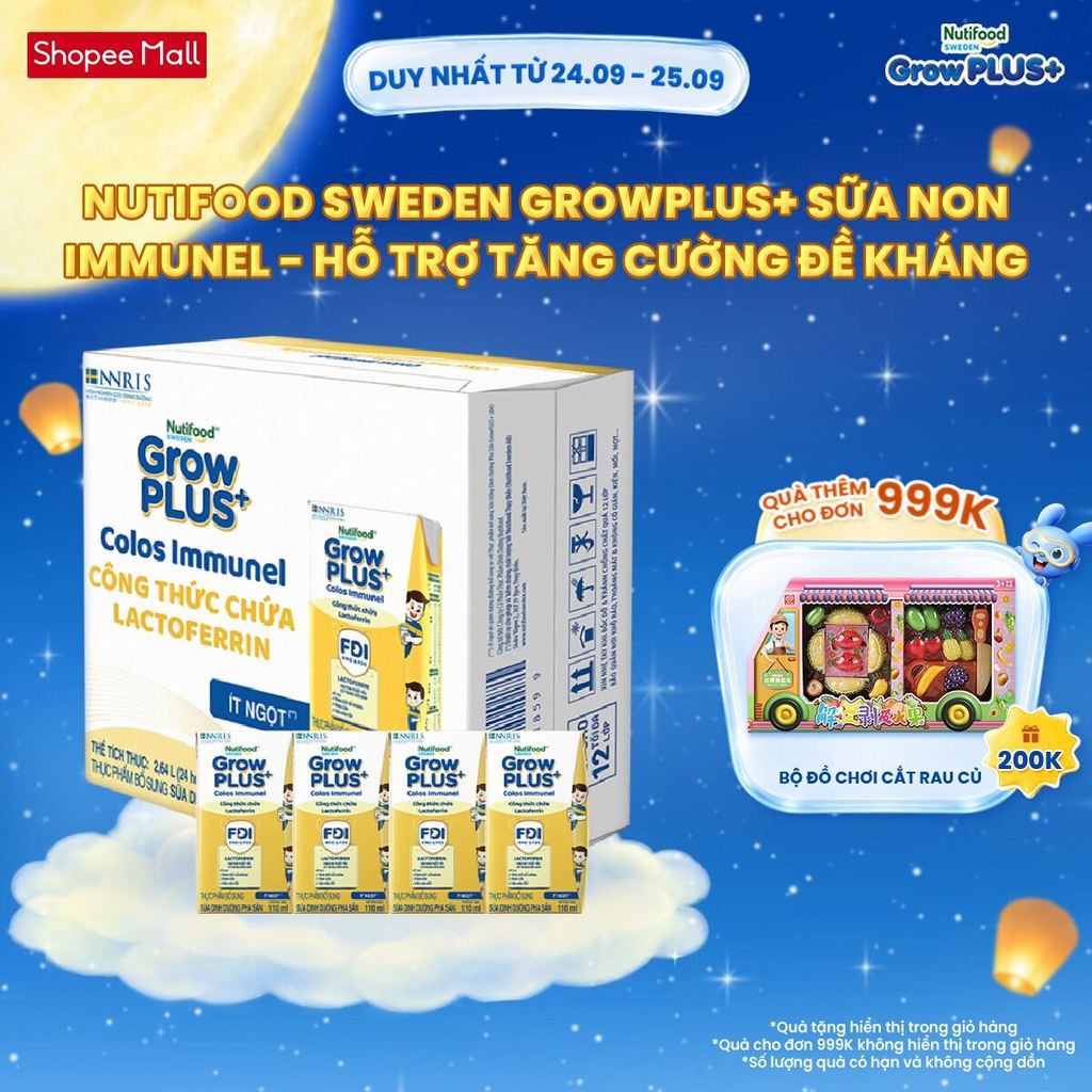 Thùng 24 hộp Sữa Bột Pha Sẵn Nutifood Sweden GrowPLUS+ Sữa Non Immunel (24 hộp x 110 ml) (Bao bì tuỳ lô hàng)