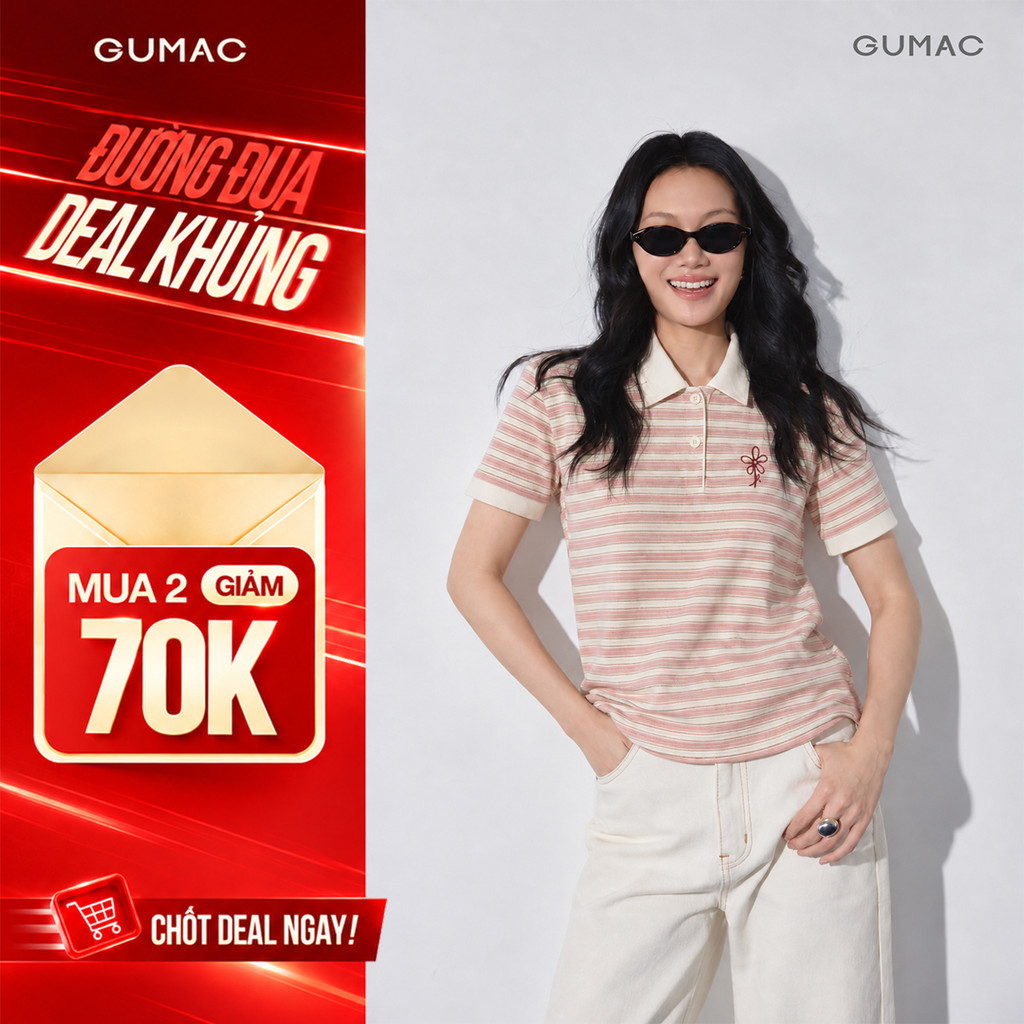 [VOUCHER 70K] Áo Polo Nữ GUMAC Form Suông Sọc Tay Ngắn Cổ Polo Thêu Hoa Thân Trước Cách Điệu APG10025