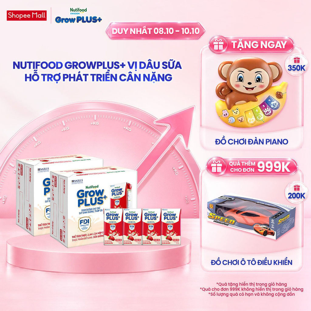 Combo 2 Thùng 24 hộp Sữa bột pha sẵn Nutifood GrowPLUS+ Vị Dâu Sữa hộp 110ml - Trên 1 tuổi