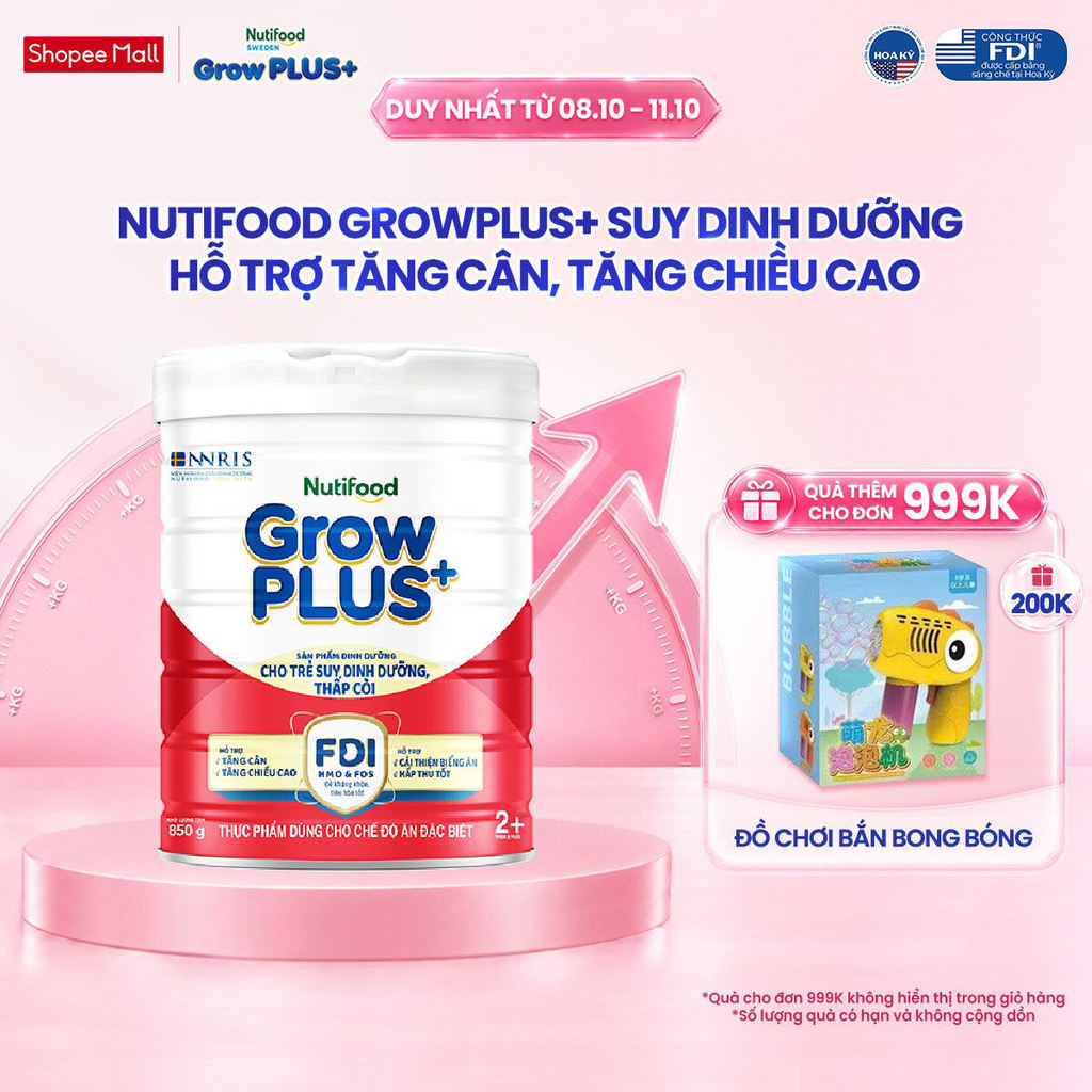 Sữa bột Nutifood GrowPLUS+ Suy Dinh Dưỡng (Đỏ) 2+ - Tăng Cân & Tăng Chiều Cao - Lon 850g