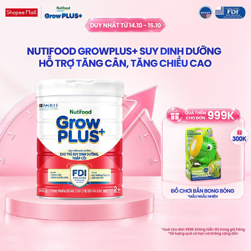 Sữa bột Nutifood GrowPLUS+ Suy Dinh Dưỡng (Đỏ) 2+ - Tăng Cân & Tăng Chiều Cao - Lon 850g