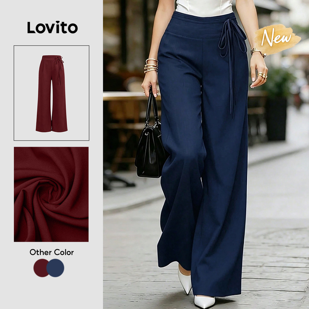 (New Arrival) Lovito Quần nữ màu Xanh đậm Thanh lịch cạp Cao ống đứng buộc dây mặc thường ngày vào mùa xuân hè cuối tuần PTB204P1D770