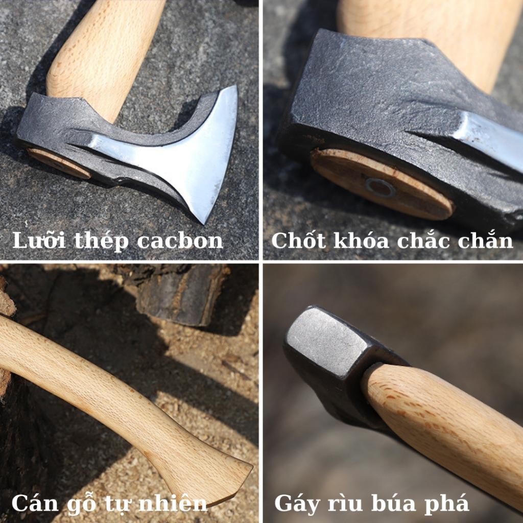 Rìu bổ củi, Rìu Thép carbon cán gỗ đa năng 34cm bổ củi cứng cáp chắc chắn, sinh tôn.