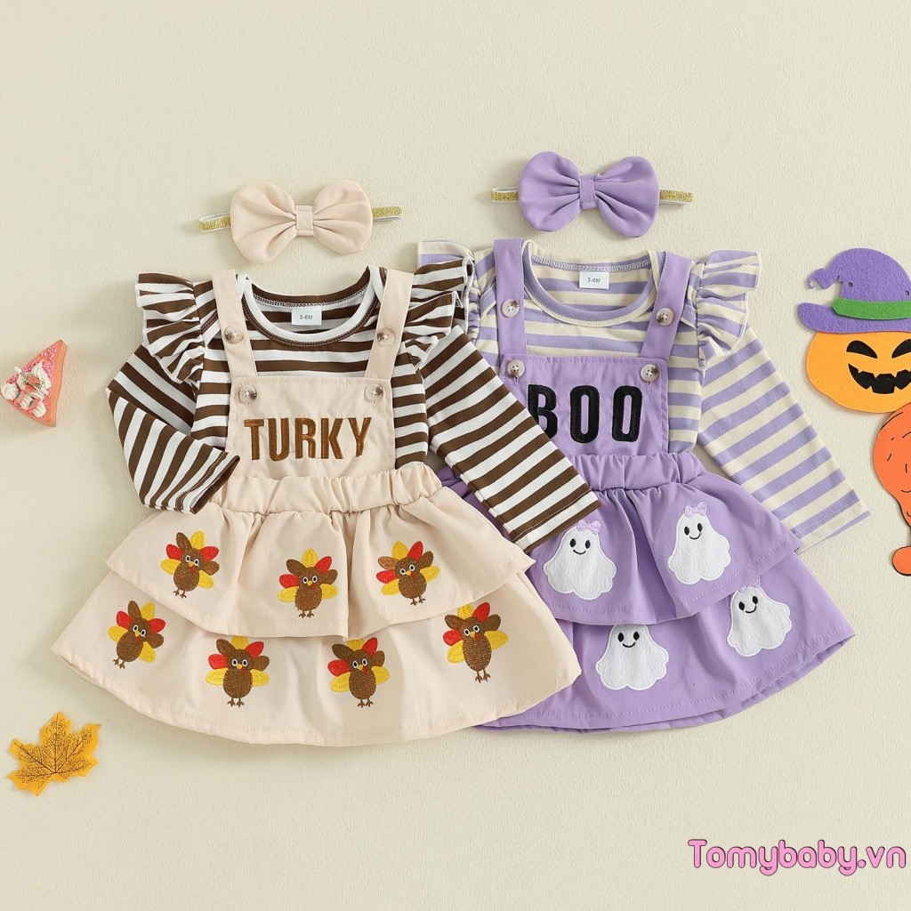 Bộ trang phục Giáng sinh cho bé gái Áo liền quần dài tay in sọc + Váy tổng thể thêu ông già Noel + Bộ băng đô nơ