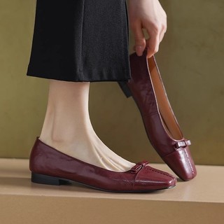 Giày Cao Gót Đế Bằng Nữ Mũi Vuông Miệng Nông Slip-On Nơ
