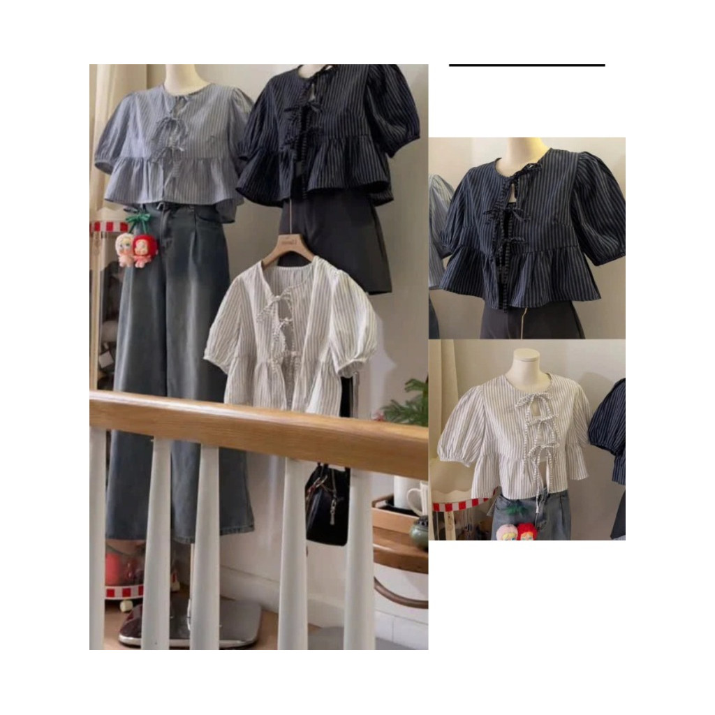 (Tặng kèm áo 2 dây) Áo Babydoll Kẻ Buộc Nơ Tay Phồng, Áo Kiểu Nữ Tay Bồng_A523
