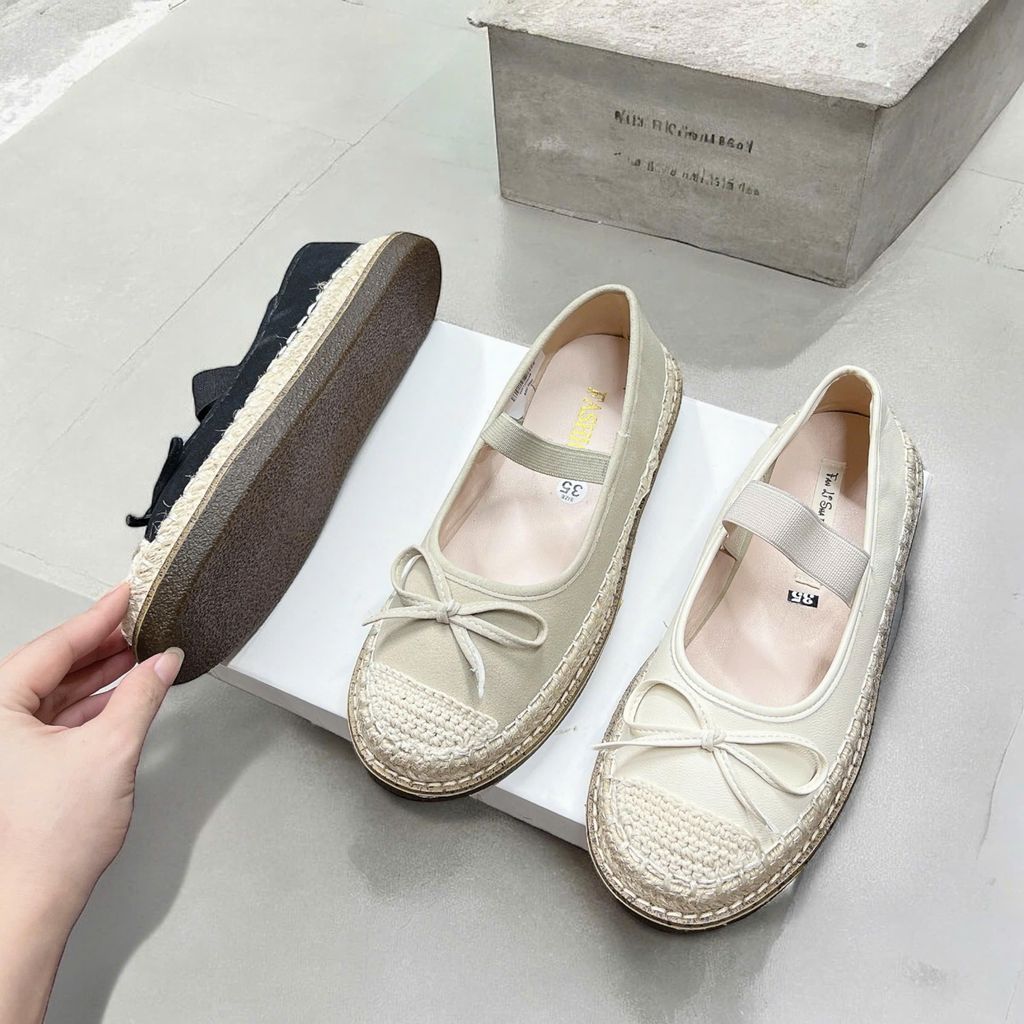 [Thảo Em - MBB8] Giày búp bê nữ lolita viền cói cao cấp phối nơ tiểu thư 3 màu đế mềm [Sẵn Hàng]