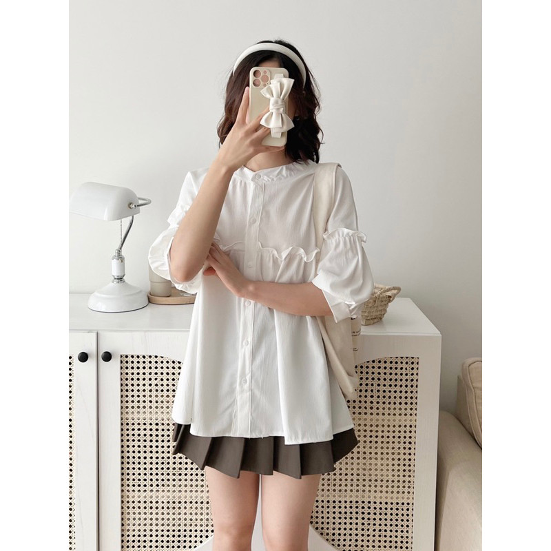 Áo kiểu babydoll tay ngắn phối bèo thiết kế tay phồng cổ trụ thời trang hàn quốc sang trọng, xinh xắn- A199