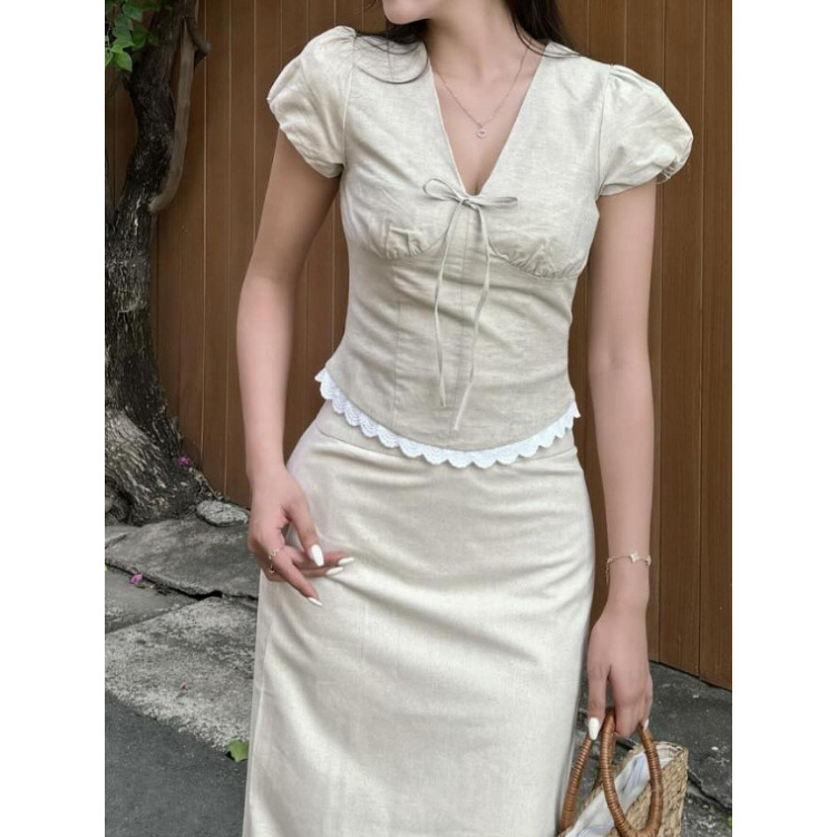 Áo Kiểu Linen Xinh Nữ Cổ V Phối Viền Ren Tay Ngắn Mùa Hè  MA 217