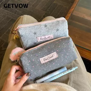 Túi đựng văn phòng phẩm GETVOW, Bút chì Hàn Quốc dung tích lớn Ngôi sao màu xám, Túi rửa bút chì cầm tay phong cách Ins thời trang làm đẹp cao cấp