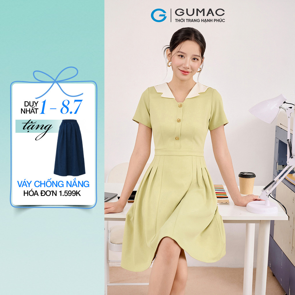 Đầm Nữ GUMAC Form A Thanh Lịch Cổ V Cách Điệu Phối Màu Thanh Lịch DF08005