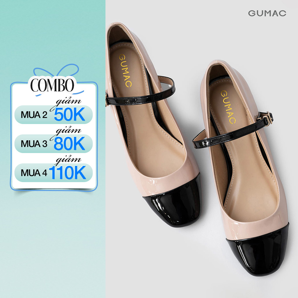 Giày Cao Gót Nữ GUMAC Giày Mary Jane 5 Phân Đế Vuông Phối Màu Mũi Tròn Quai Ngang Thanh Lịch GE01058