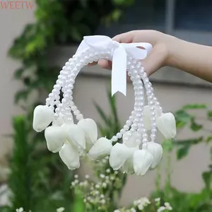 WEETW Bó Hoa Cô Dâu, Hình Chuông Hoa Trắng Hoa Cưới, Ngọc Trai Hoa Tay Cầm Ngọc Trai Ruy Băng Satin Thủ Công Thủ Công Top Tay Cầm Bó Hoa Tiệc Đính Hôn