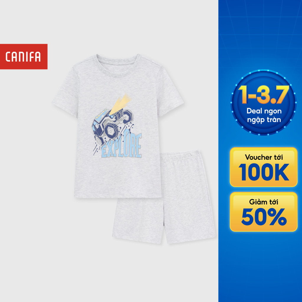 Bộ quần áo ngắn tay mặc nhà bé trai CANIFA cổ tròn chất liệu mềm mịn, thoáng mát 2LS26S005