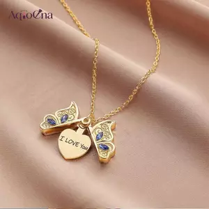 AqToCna Tôi Yêu Bạn Trái Tim Luly Bướm Xương Đòn Dây Xích / Cô Gái Mặt Dây Thép Không Gỉ Nelaces / Trái Tim Cao Cấp Nelace Trang Sức AqToCna