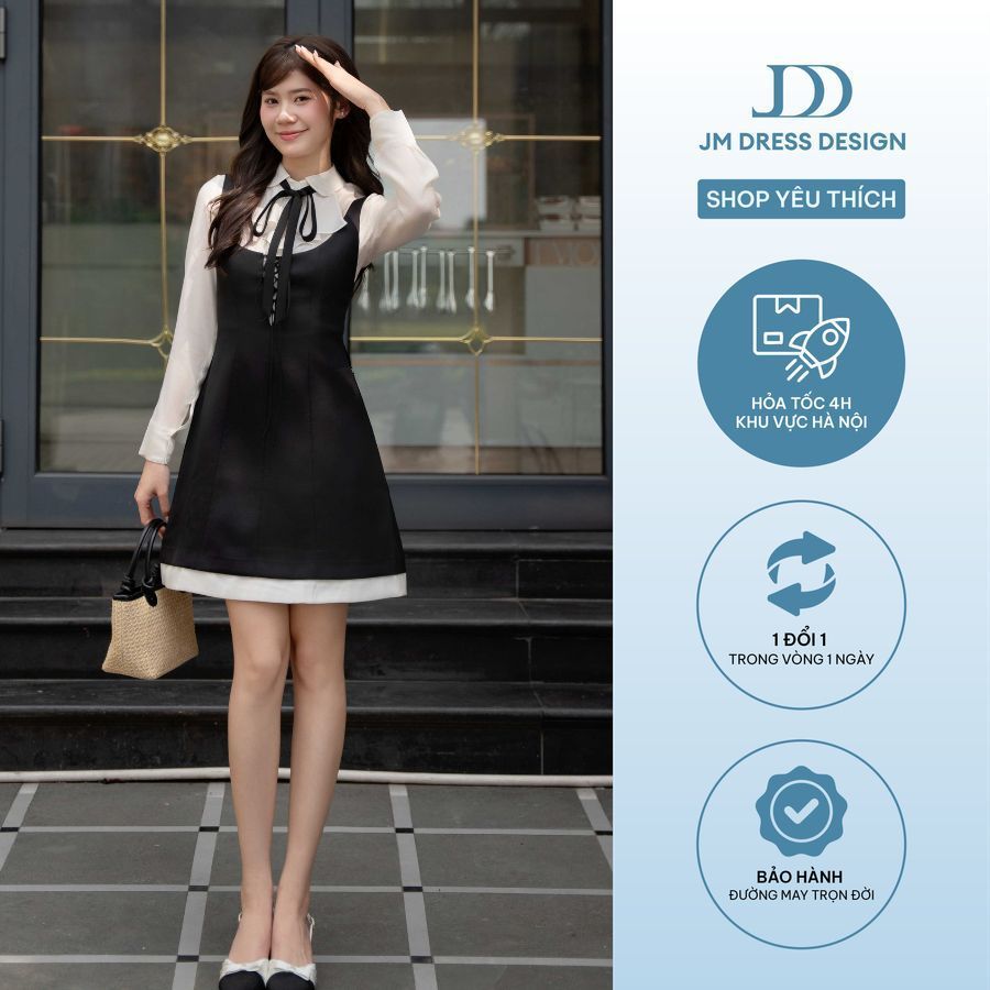 Đầm Xuân Hè Cổ U Đan Dây, Phối Sơ Mi Tay 1S11.2601. Đầm Layer Nữ Tính Tiểu Thư Thanh Lịch Công Sở Đi Làm Dạo Phố By JM