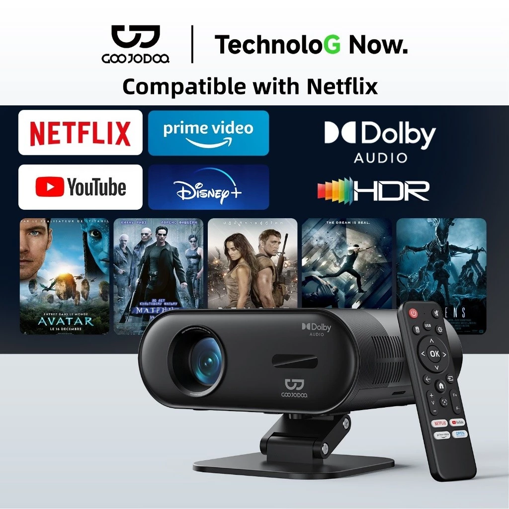 GOOJODOQ Máy chiếu Netflix chính hãng Full 1080P, 300 ANSI Lumens, Hỗ trợ 4K & HDR, Netflix tích hợp, Lấy nét tự động
