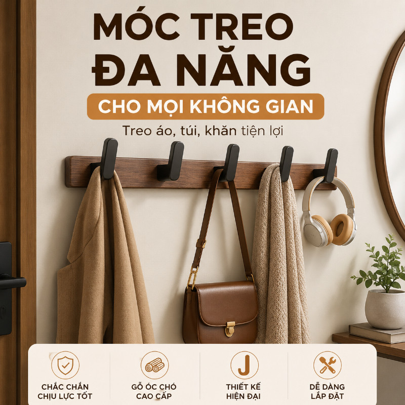 Móc Treo Đồ Đa Năng Bằng Gỗ Óc Chó - Thiết Kế Tinh Tế, Tải Trọng Lớn, Lắp Đặt Linh Hoạt , Treo Đồ Đa Dạng