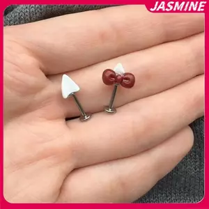 JASMINE 2 Chiếc Nơ Trái Tim Xương Tai Móng Tay Thép Titan Bông Tai Dễ Thương Cho Nữ Đâm thủng Trang Sức Phụ Kiện JASMINE