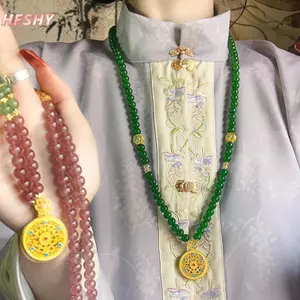 HFSHY Phong Cách Dân Tộc Rỗng Khắc Lư Túi Mặt Dây Chuyền Xanh Giả Ngọc Ngọc Handmade Đính Hạt Dài Nelace VN