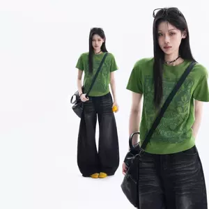 Mùa hè Mỹ Retro Xanh Vai Trước Áo Thun Tay Ngắn Cổ Tròn In Hình Hot Girl Slim-Fit Slimer Look Niche All