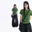 Mùa hè Mỹ Retro Xanh Vai Trước Áo Thun Tay Ngắn Cổ Tròn In Hình Hot Girl Slim-Fit Slimer Look Niche All