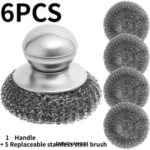 Bộ bàn chải chà sàn bằng thép không gỉ DONOVANQQ 6 chiếc, Bàn chải nồi bằng thép không gỉ bền tay cầm tiện dụng, Dễ dàng làm sạch loại bỏ rỉ sét Loại bỏ bụi bẩn Máy chà sàn kim loại Làm sạch bát đĩa