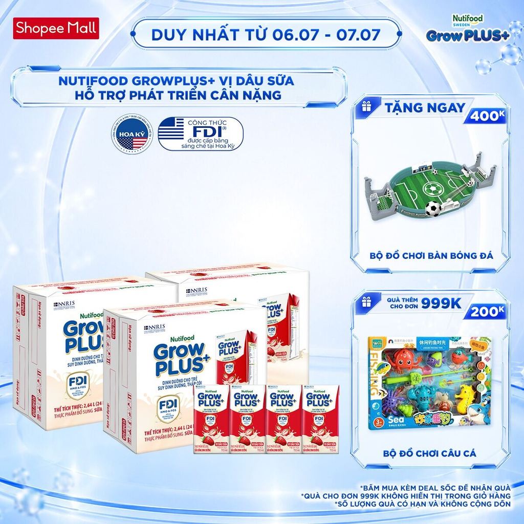 Combo 3 Thùng 24 hộp Sữa bột pha sẵn Nutifood GrowPLUS+ Vị Dâu Sữa hộp 110ml - Trên 1 tuổi