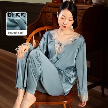 bộ ngủ dài tay nữ set đồ ngủ dài Bộ đồ ngủ lụa cỡ lớn quần dài tay mỏng mùa hè cho nữ bộ đồ ngủ lụa băng phong cách Hàn Quốc bộ đồ hai món đồ mặc nhà gợi cảm