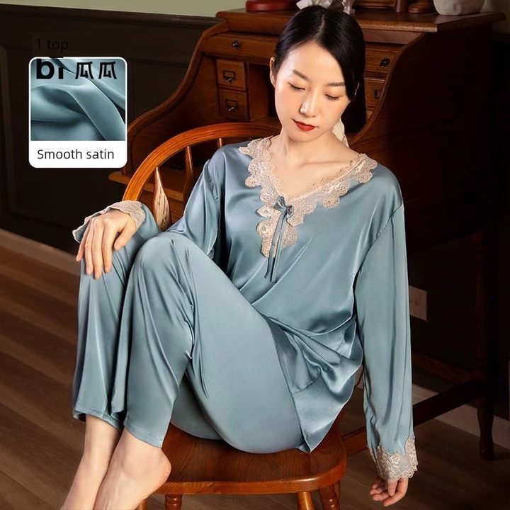 bộ ngủ dài tay nữ set đồ ngủ dài Bộ đồ ngủ lụa cỡ lớn quần dài tay mỏng mùa hè cho nữ bộ đồ ngủ lụa băng phong cách Hàn Quốc bộ đồ hai món đồ mặc nhà gợi cảm