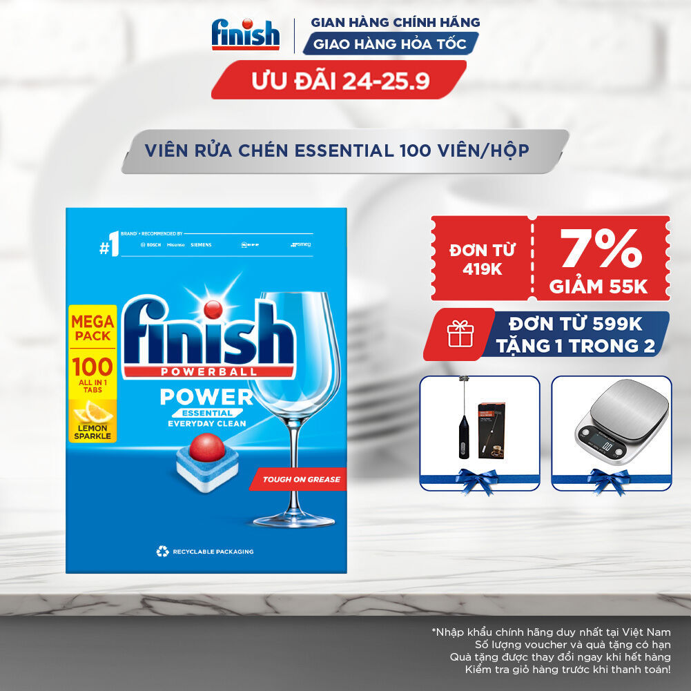 Viên Rửa Chén Bát Hương Chanh Finish Powerball Power Essential Lemon Sparkle - Hộp 100 viên tiết kiệm