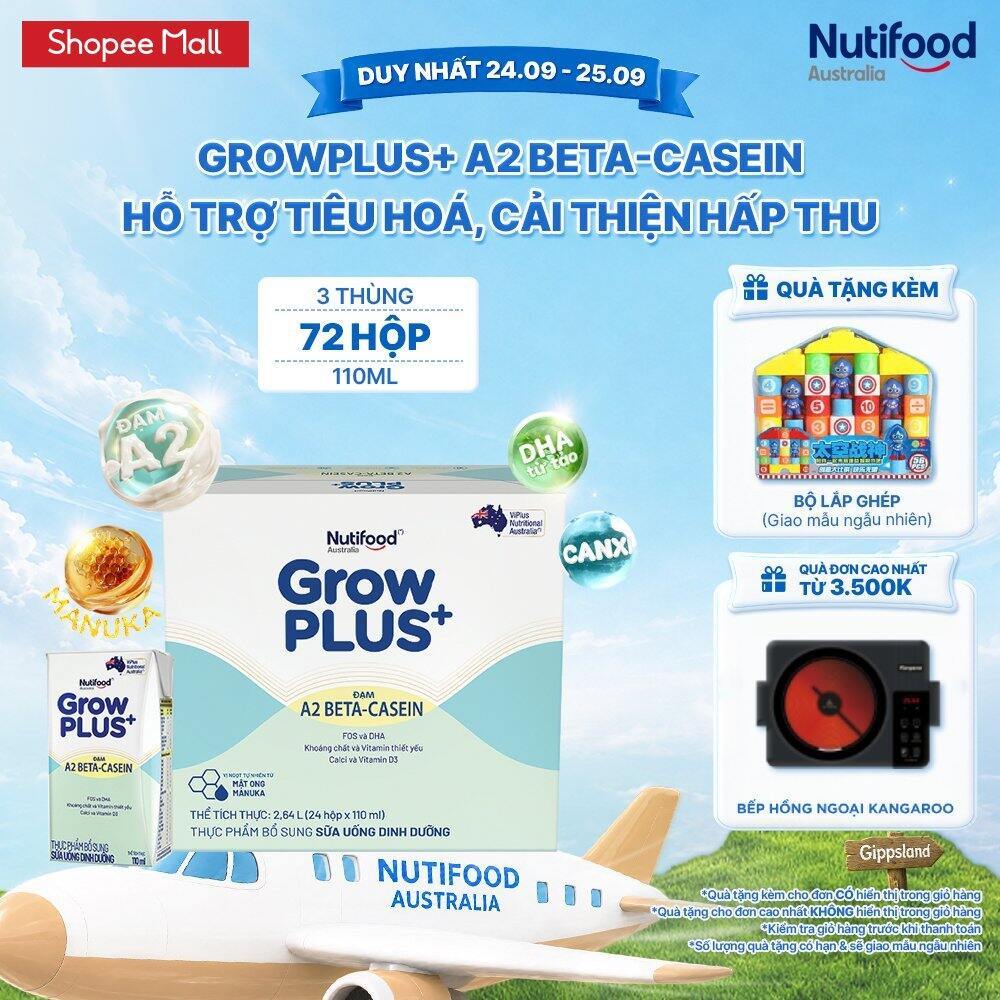 Combo 3 x Thùng 24 hộp Sữa bột pha sẵn GrowPLUS+ Đạm A2 Beta-Casein Hộp 110ml hỗ trợ tiêu hóa, hấp thu dưỡng chất