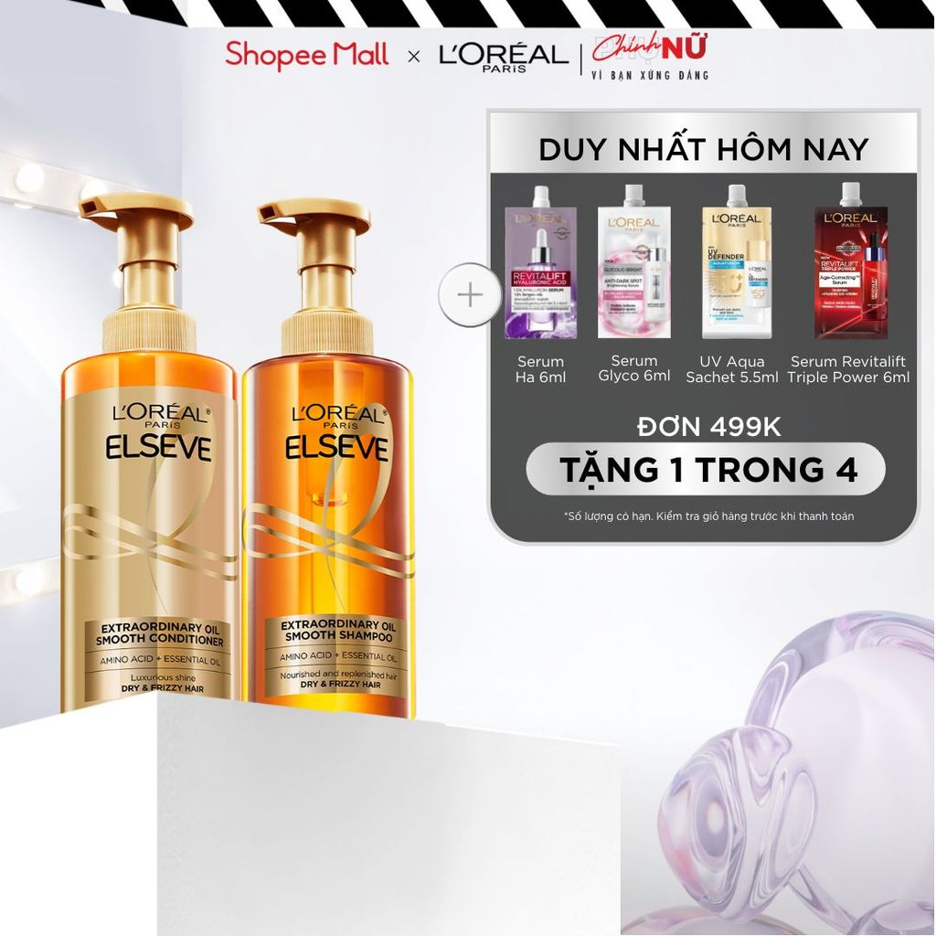 Bộ gội xả dưỡng tóc suôn mượt cao cấp L'Oreal Paris Extraordinary Oil Smooth 440ml x2