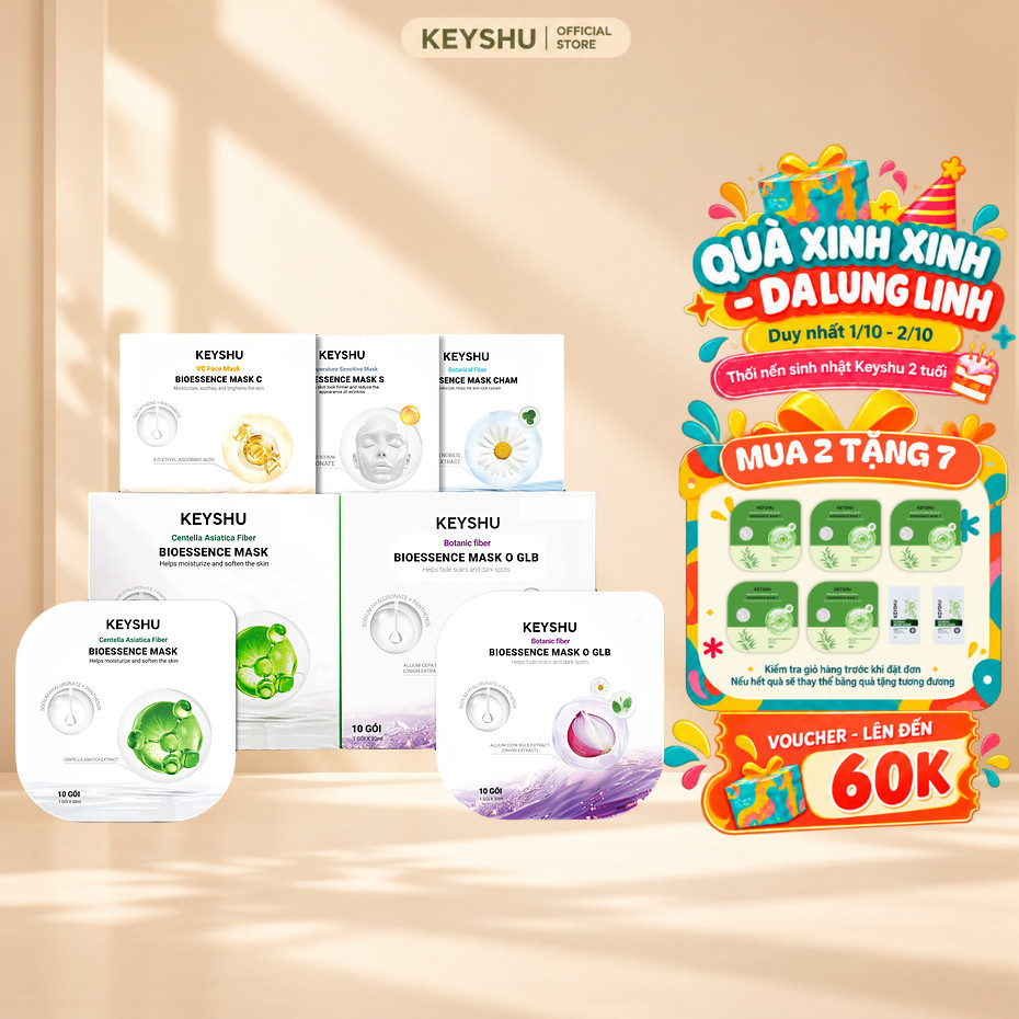 [TẶNG 5 MIẾNG] Combo 2 Hộp Mặt Nạ KEYSHU 10 Miếng 30ML Dưỡng Ẩm, Làm Sáng Da, Hỗ Trợ Ngăn Ngừa Lão Hóa