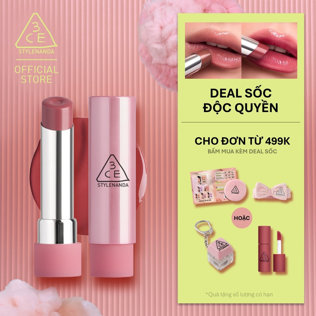 Son Bóng 3CE Glazy Lip Glow Dưỡng Môi Căng Mọng, Mềm Mịn, Lên Màu Chuẩn Sắc, Không Bết Dính, Tự Nhiên