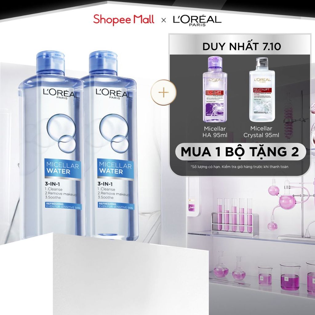 Bộ 2 nước tẩy trang đa năng 3in1 tươi mát L'Oreal Paris (xanh dương nhạt) 400ml